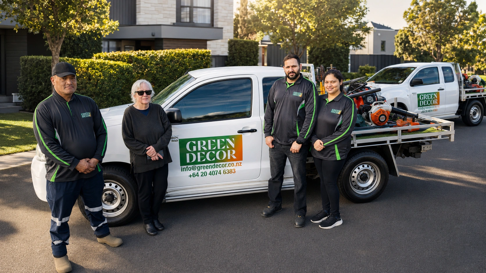 Professional landscapers working in garden